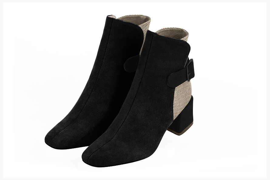 Matt black and tan beige women's ankle boots with buckles at the back. Square toe. Medium block heels. Front view - Florence KOOIJMAN